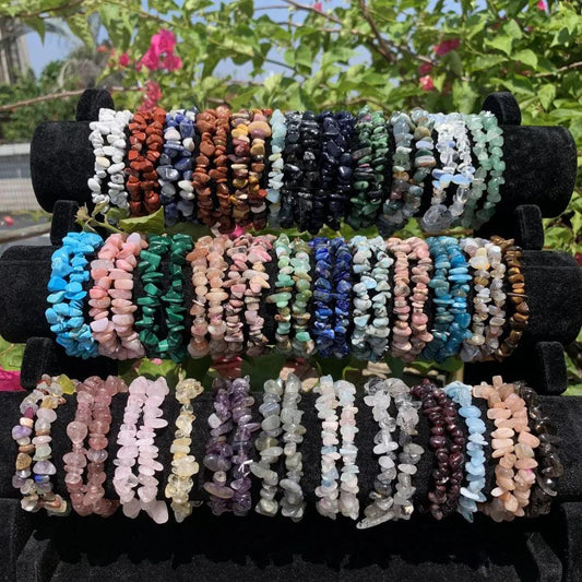 Natural Crystal Bracelet Irregular Stone Bracelet Beads Chip Jewelry Amethyst Aquamarine Rose Quartz Wristband Bangles for Women - L & M Kee, LLC