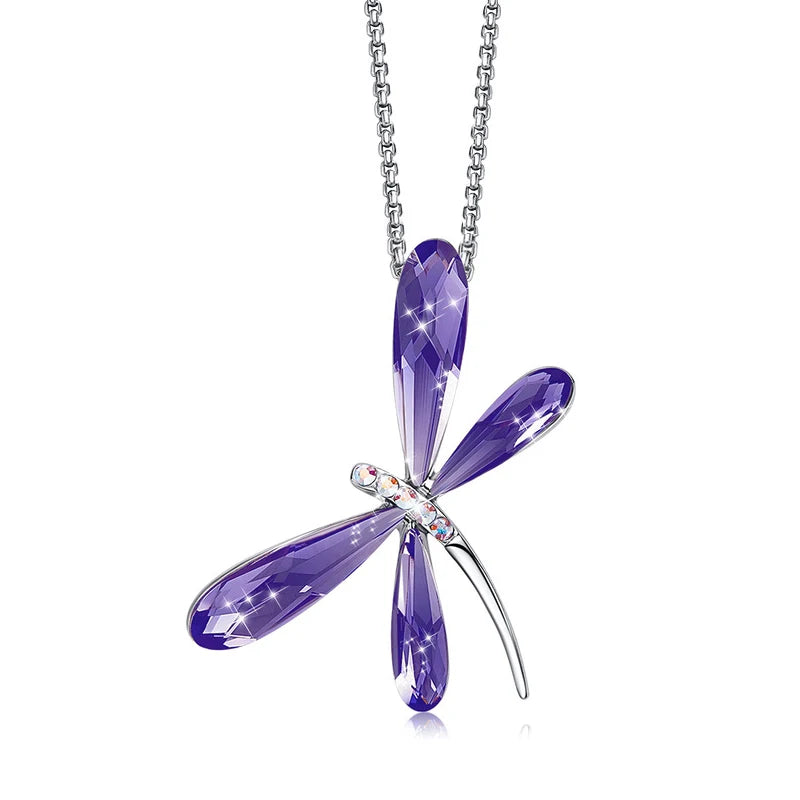 Cute Blue Purple Dragonfly Pendant Necklace Real Crystals From Austria Silver Color Chain Collars Luxury Jewelry For Girls Women