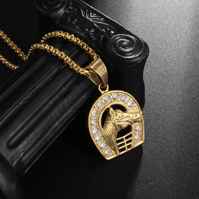 Hip Hop Ice Out Golden Horse Head Pendant Horseshoe Necklace for Men Personality Charm Fashion Rock Party Jewelry - L & M Kee, LLC