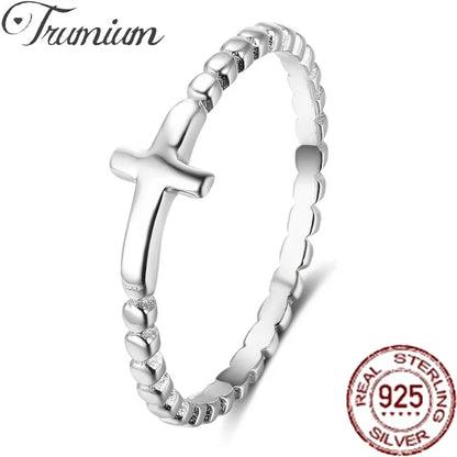 Trumium Origal 925 Sterling Silver Rings Christian Religious Cross Classical Simple Plain Ring gift for Women Never Rust