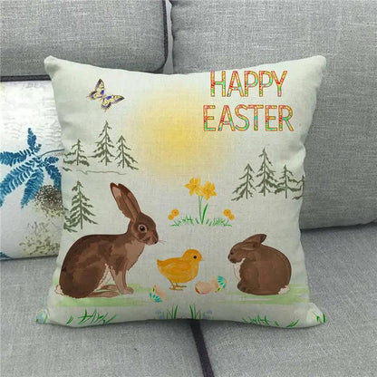 Spring Easter Decorative Cushion Cover 18x18in Pillow Covers Farmhouse Home Decor Cushion Case Eggs Bunny Linen Throw Pillowcase - L & M Kee, LLC