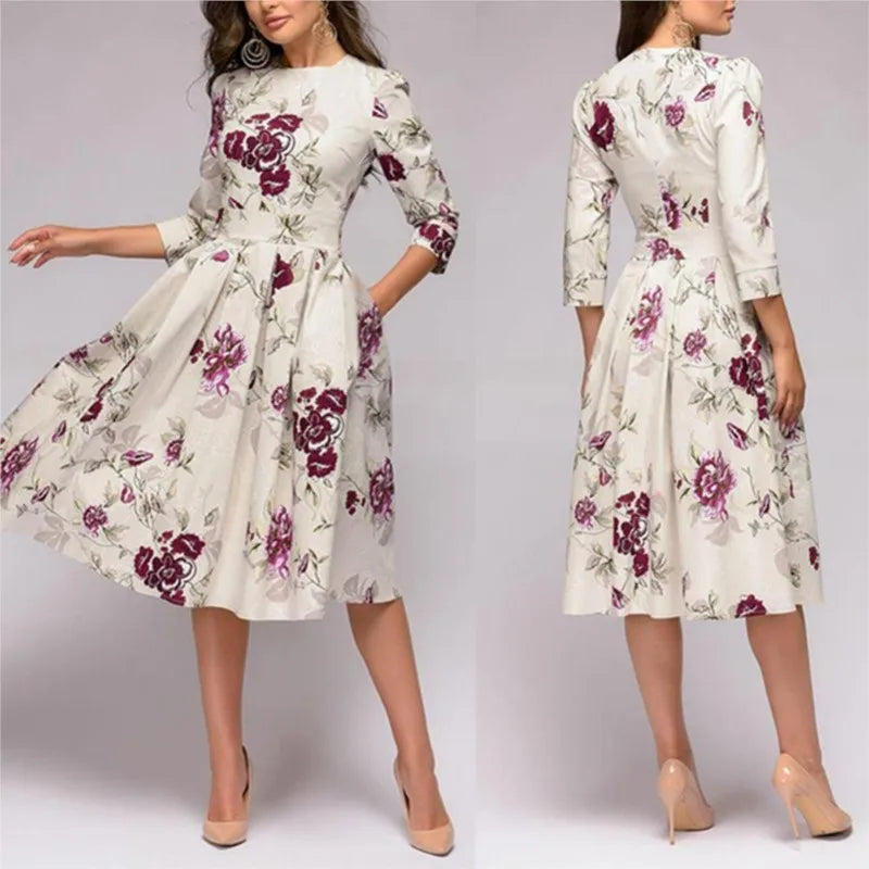 Women Elegant A-line Midi Dress Vintage Printing Party Vestidos Three Quarter Sleeve Women Spring Casual Dress