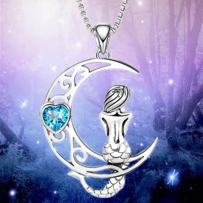 Fashion Women Moon Mermaid Necklace Luxury Jewelry Zircon Mermaid Princess Pendant Necklaces for Women Birthday Anniversary Gift - L & M Kee, LLC