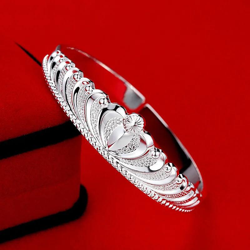 Fashion 925 Sterling Silver Woman Cuff Bracelet Open Leaf Shaped Adjustable Charm Bangle Girls Party Jewelry Christmas Gifts - L & M Kee, LLC