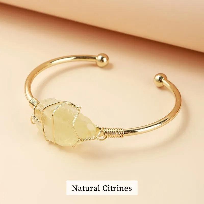 CHANGE BETTER Natural Rough Stone Pink Quartz Gold Plated Cuff Bracelet Women Wire Wrap Irregular Crystal Reiki Bangles Jewelry - L & M Kee, LLC