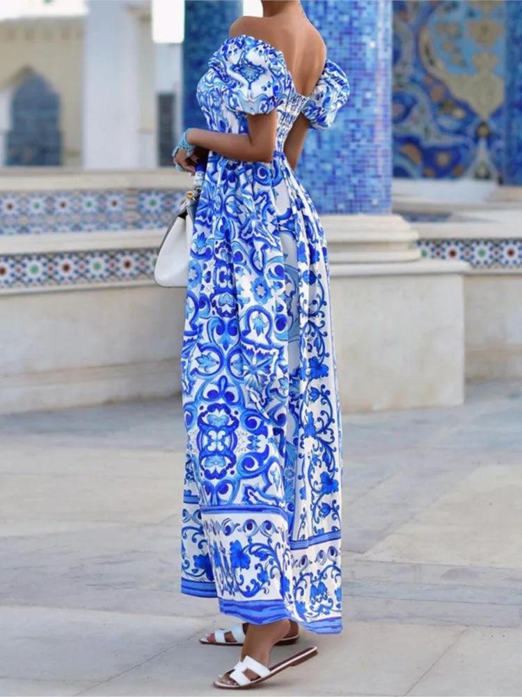 Summer Boho Print Long Dress For Women Fashion Puff Sleeve Slash Neck Off Shoulder Maxi Dresses 2024 Casual Holiday Beach Dress - L & M Kee, LLC