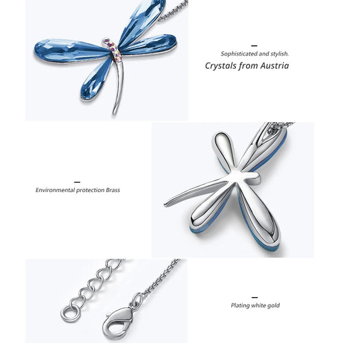 Cute Blue Purple Dragonfly Pendant Necklace Real Crystals From Austria Silver Color Chain Collars Luxury Jewelry For Girls Women
