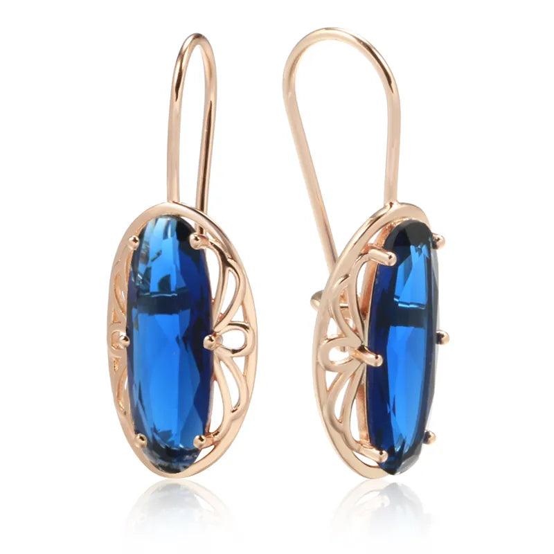 585 Rose Gold Long Vintage Blue Natural Zircon Big Drop Earring - L & M Kee, LLC