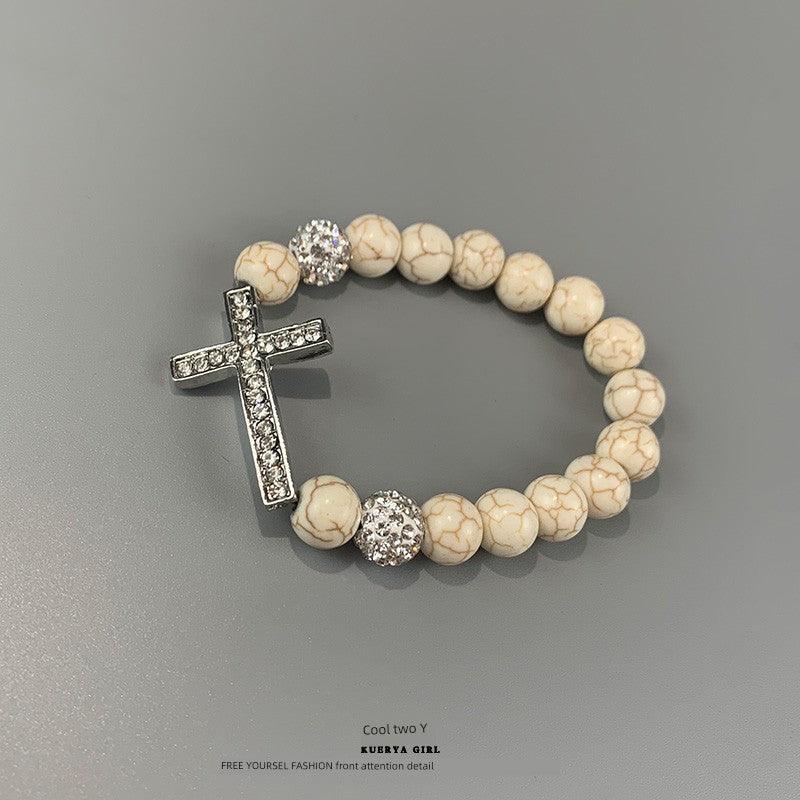 Diamond Cross Beaded Bracelet Special-Interest Design Turquoise Elastic Bracelet Peach Heart Pearl Watch Bracelet - L & M Kee, LLC