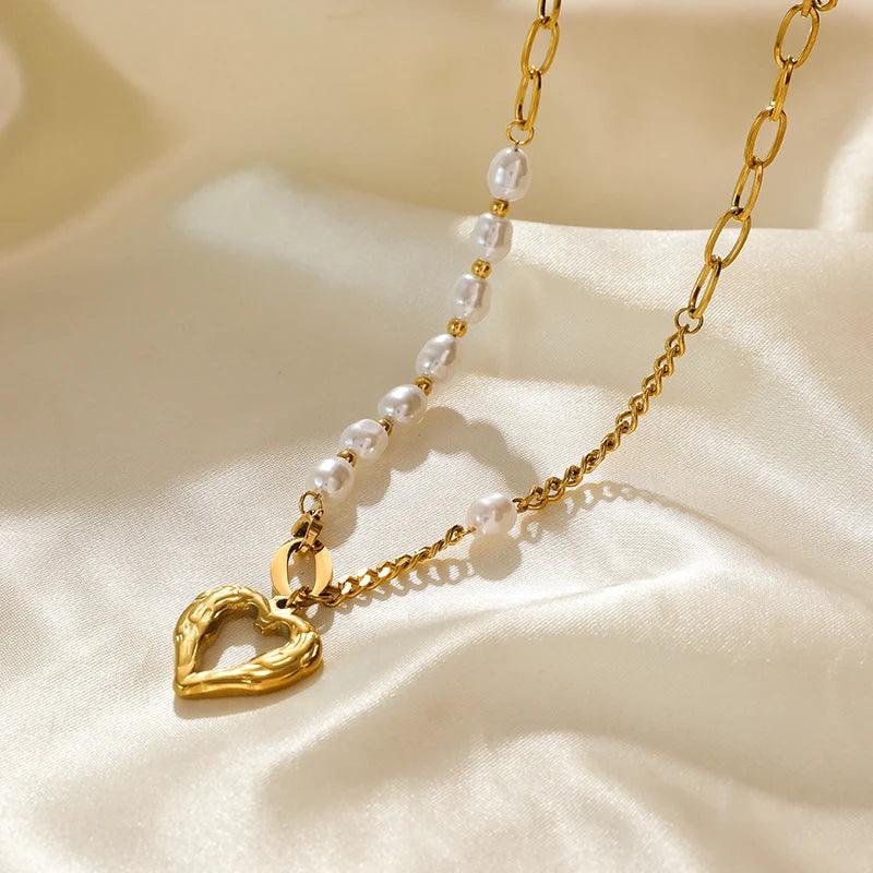 Stainless Steel Heart Pendant Necklace with Pearls - L & M Kee, LLC
