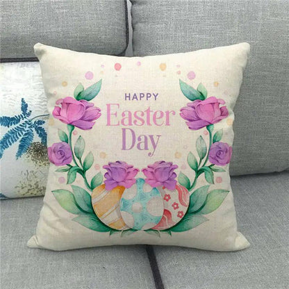 Spring Easter Decorative Cushion Cover 18x18in Pillow Covers Farmhouse Home Decor Cushion Case Eggs Bunny Linen Throw Pillowcase - L & M Kee, LLC