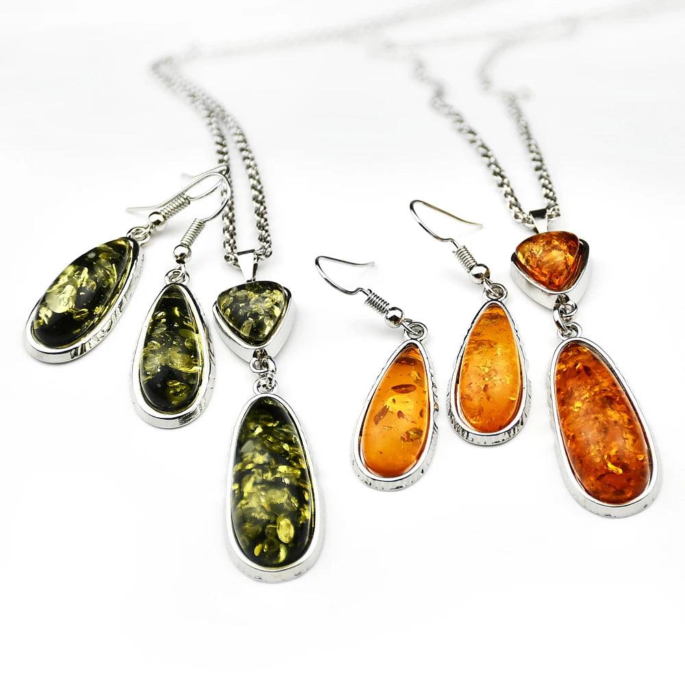 Yumfeel New Amber Pendant Necklace & Earrings Women Vintage Boho Vintage Jewelry Set - L & M Kee, LLC