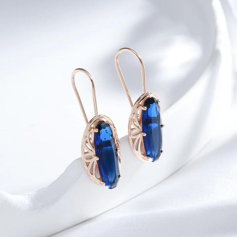 585 Rose Gold Long Vintage Blue Natural Zircon Big Drop Earring - L & M Kee, LLC