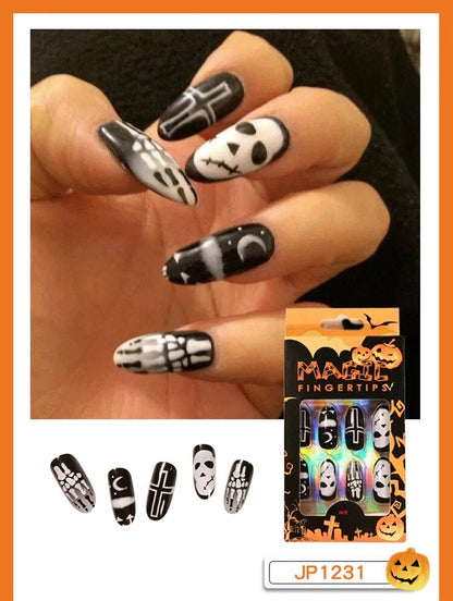 24Pcs Halloween Round Almond Collection Wearing Fake Nails Art Finished Press on Nail Tips Artificial Full Coverage False Nails