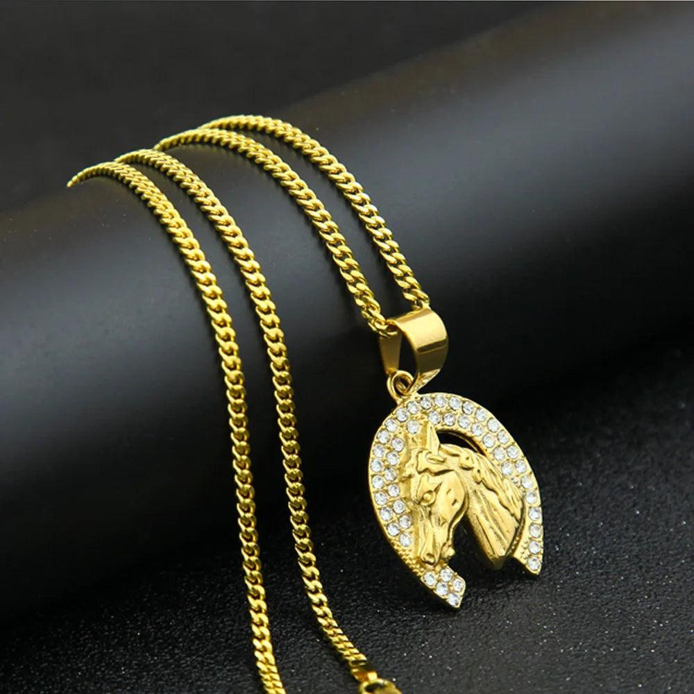 Hip Hop Ice Out Golden Horse Head Pendant Horseshoe Necklace for Men Personality Charm Fashion Rock Party Jewelry - L & M Kee, LLC