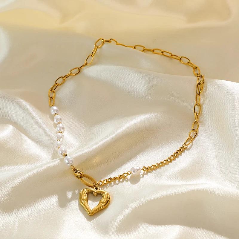 Stainless Steel Heart Pendant Necklace with Pearls - L & M Kee, LLC