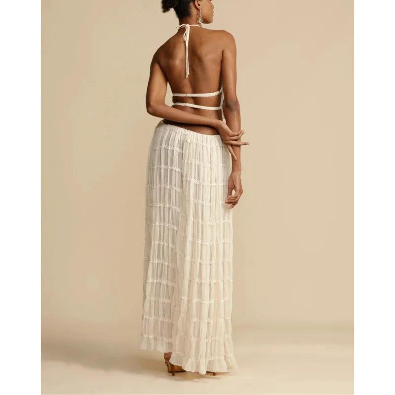 Sleeveless Backless Cropped Halter Tops Drawstring Long Skirts 2 Piece Sets - L & M Kee, LLC