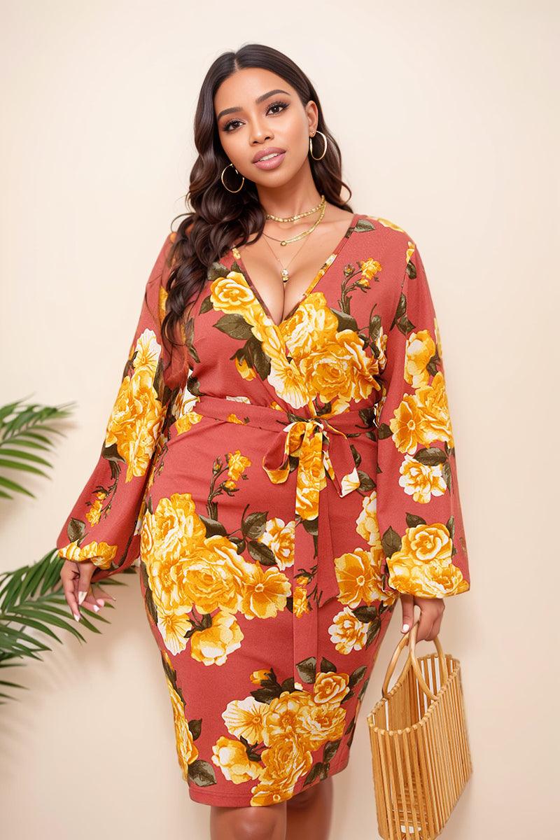 Plus Size Women Summer Loose V-neck Print Party Dinner Dress - L & M Kee, LLC