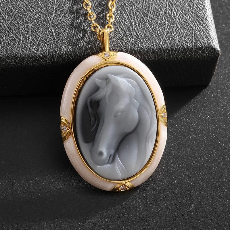 Hip Hop Ice Out Golden Horse Head Pendant Horseshoe Necklace for Men Personality Charm Fashion Rock Party Jewelry - L & M Kee, LLC