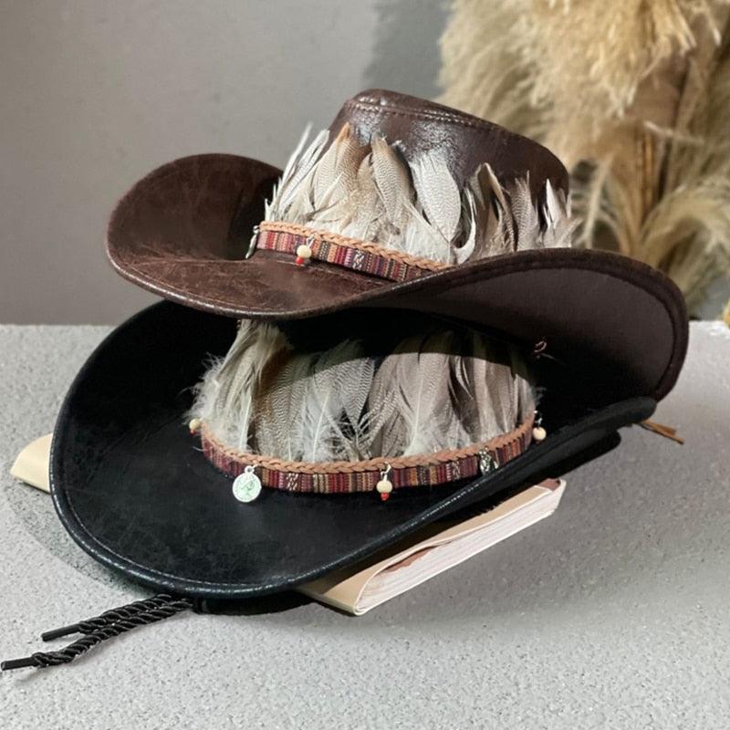 Feather Decor Faux Leather Hat - L & M Kee, LLC