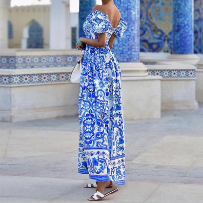 Summer Boho Print Long Dress For Women Fashion Puff Sleeve Slash Neck Off Shoulder Maxi Dresses 2024 Casual Holiday Beach Dress - L & M Kee, LLC