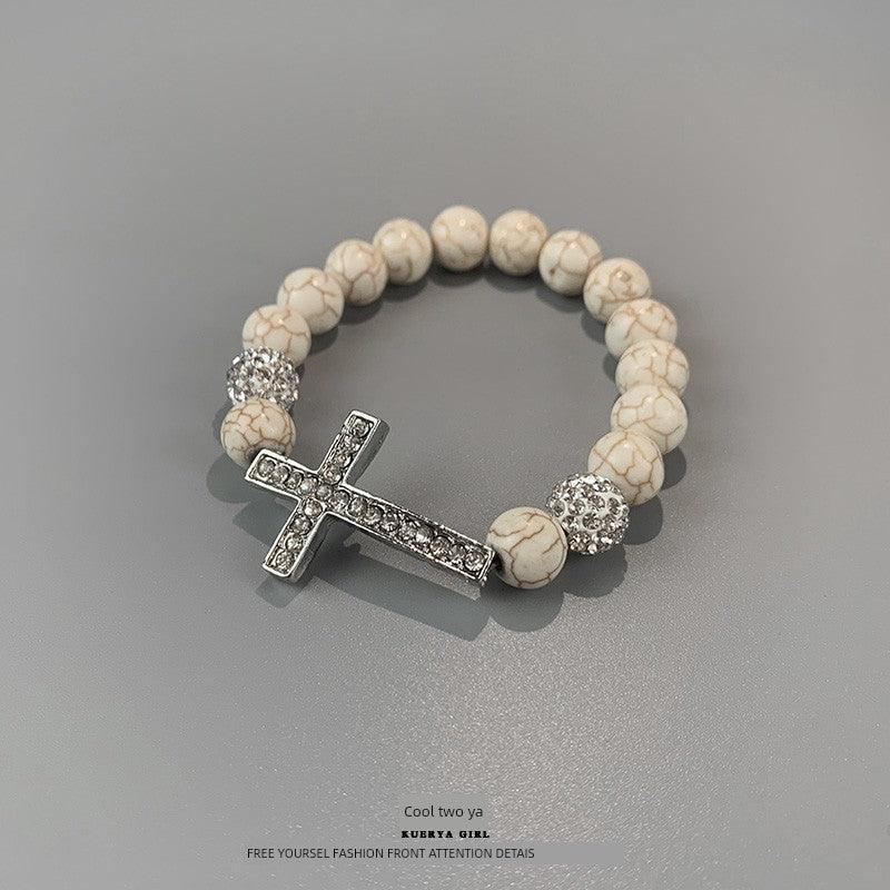 Diamond Cross Beaded Bracelet Special-Interest Design Turquoise Elastic Bracelet Peach Heart Pearl Watch Bracelet - L & M Kee, LLC