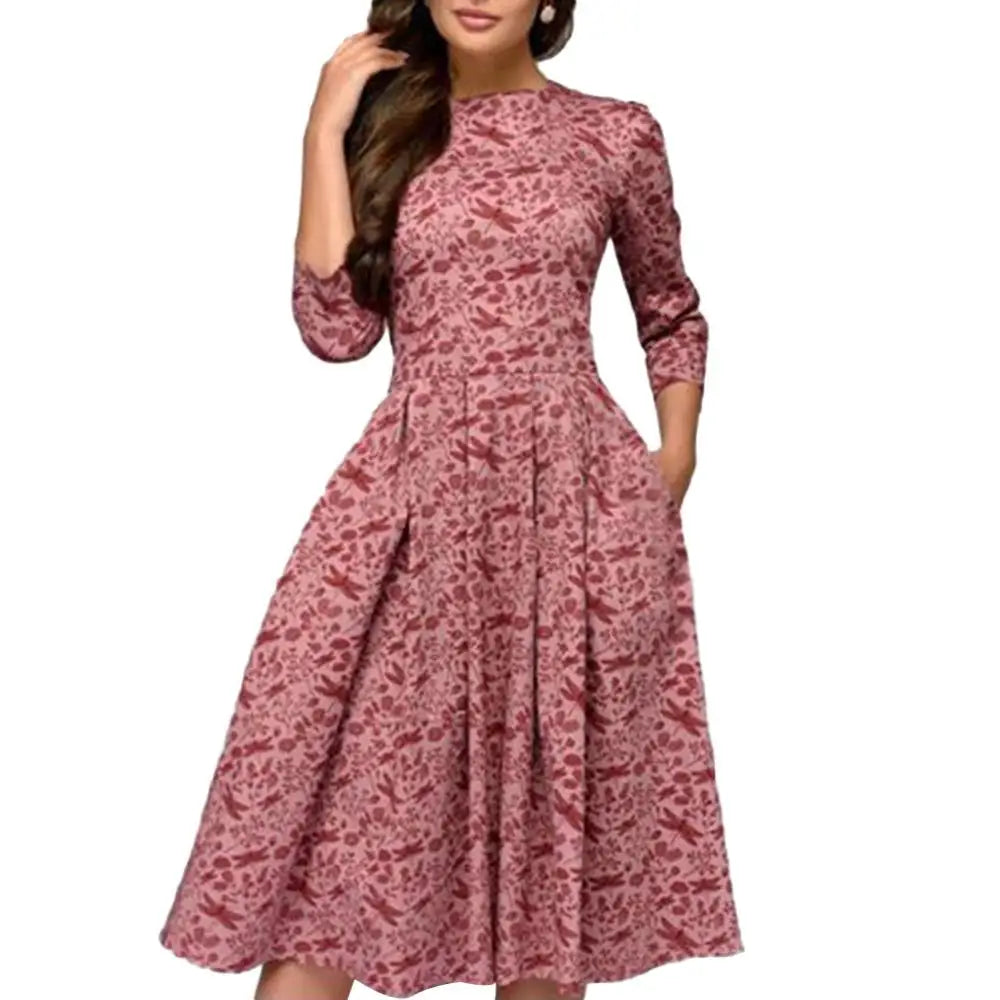 Women Elegant A-line Midi Dress Vintage Printing Party Vestidos Three Quarter Sleeve Women Spring Casual Dress