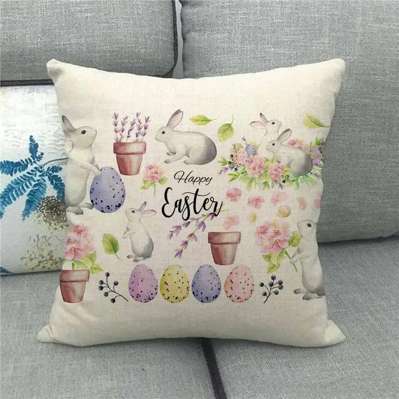 Spring Easter Decorative Cushion Cover 18x18in Pillow Covers Farmhouse Home Decor Cushion Case Eggs Bunny Linen Throw Pillowcase - L & M Kee, LLC