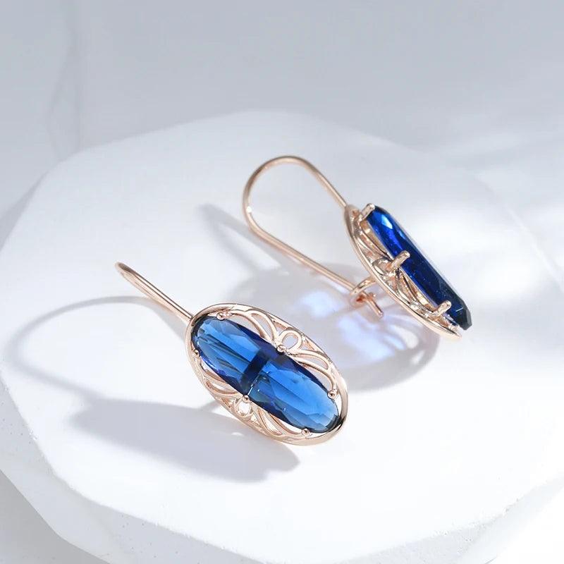 585 Rose Gold Long Vintage Blue Natural Zircon Big Drop Earring - L & M Kee, LLC