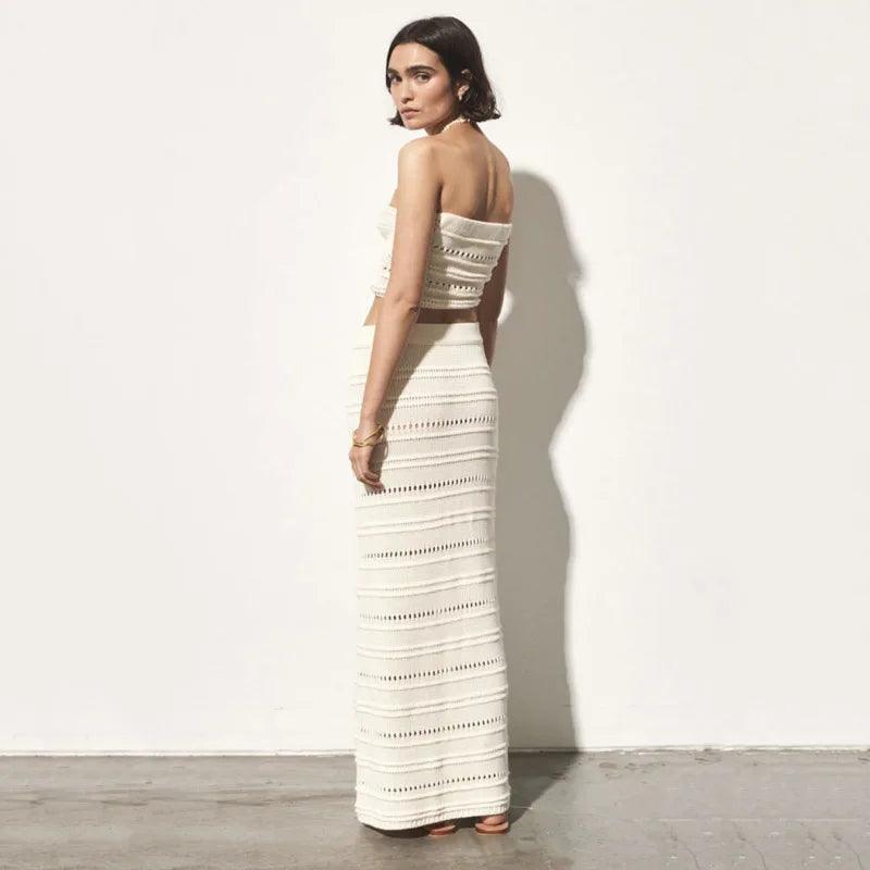 Sleeveless Backless Cropped Tube Top Drawstring Long Skirts Elegant Fashion 2 Piece Sets - L & M Kee, LLC