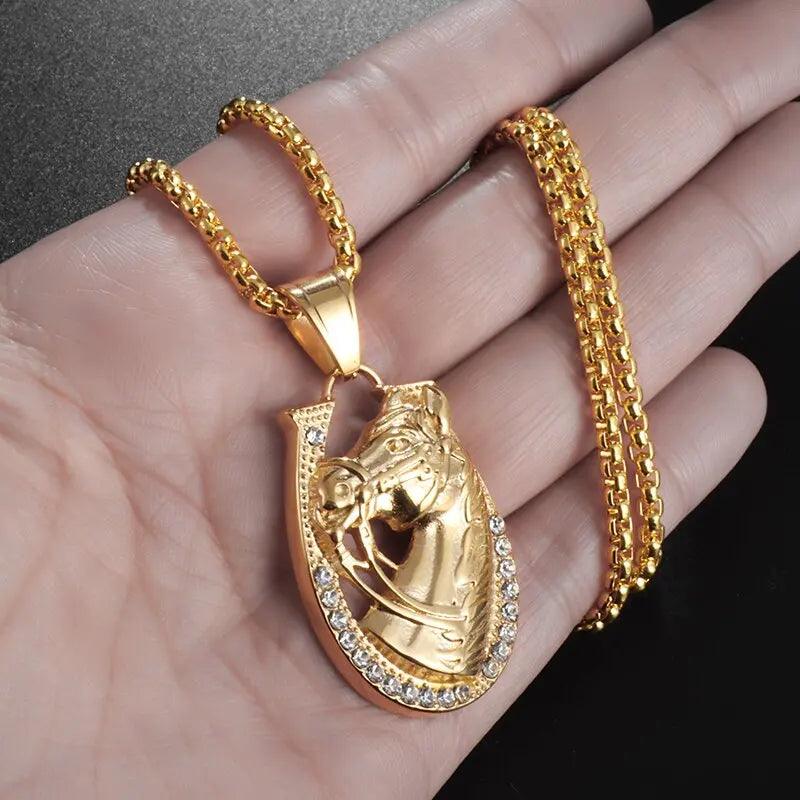 Hip Hop Ice Out Golden Horse Head Pendant Horseshoe Necklace for Men Personality Charm Fashion Rock Party Jewelry - L & M Kee, LLC