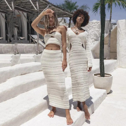 Sleeveless Backless Cropped Tube Top Drawstring  Long Skirts Elegant Fashion 2 Piece Sets