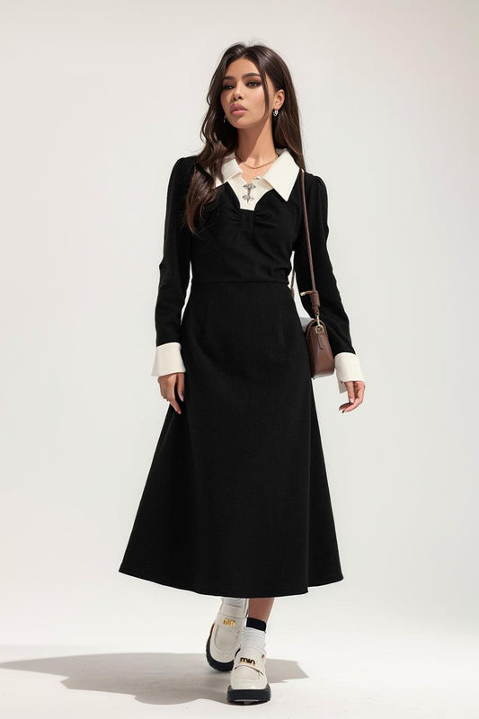 Loose-Fit National Style Black Long Sleeve Dress - L & M Kee, LLC