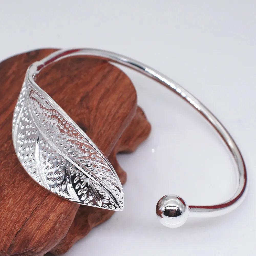 Fashion 925 Sterling Silver Woman Cuff Bracelet Open Leaf Shaped Adjustable Charm Bangle Girls Party Jewelry Christmas Gifts - L & M Kee, LLC