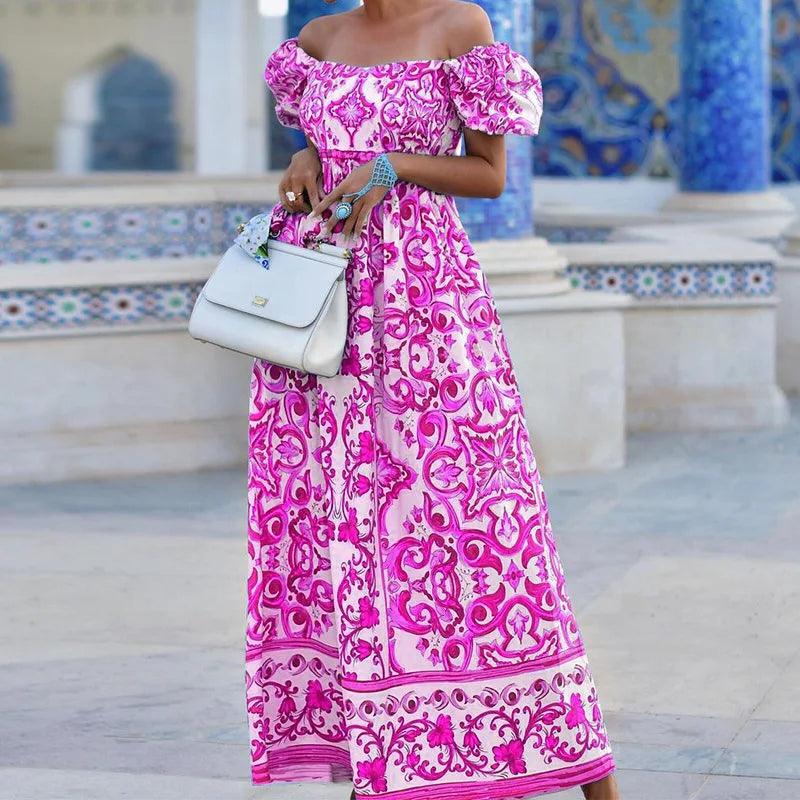 Summer Boho Print Long Dress For Women Fashion Puff Sleeve Slash Neck Off Shoulder Maxi Dresses 2024 Casual Holiday Beach Dress - L & M Kee, LLC