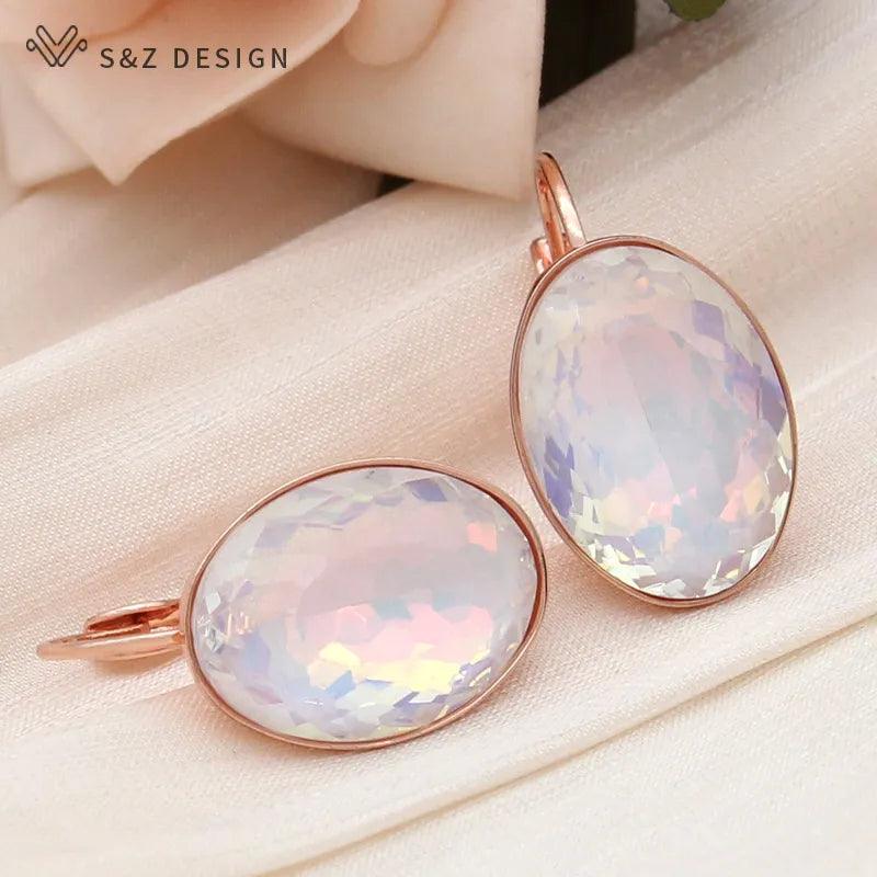 585 Rose Gold Color Big Oval Egg Shape Crystal Dangle Earrings - L & M Kee, LLC