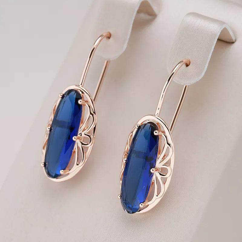 585 Rose Gold Long Vintage Blue Natural Zircon Big Drop Earring - L & M Kee, LLC