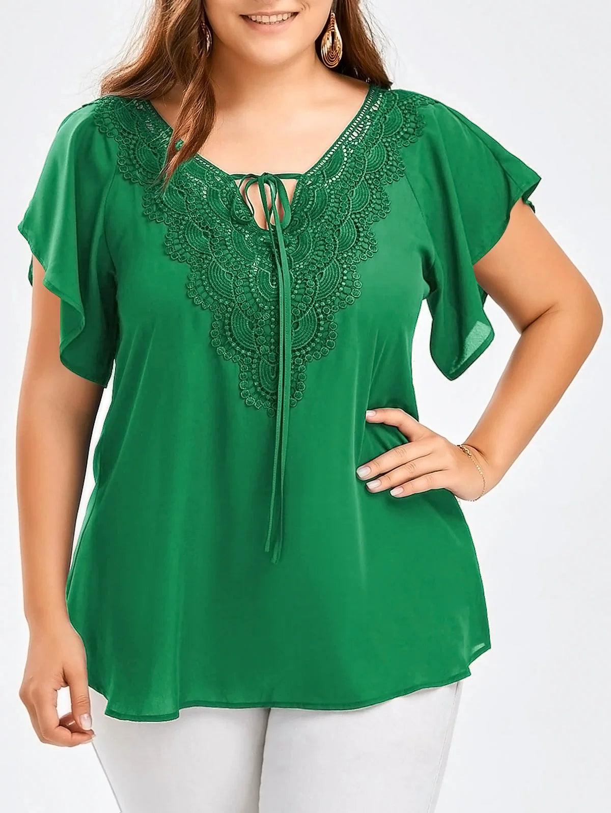 Women's European and American-Style Large-Size Panel Short-Sleeve Lace - L & M Kee, LLC