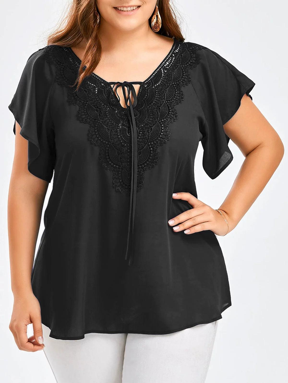 Women's European and American-Style Large-Size Panel Short-Sleeve Lace - L & M Kee, LLC