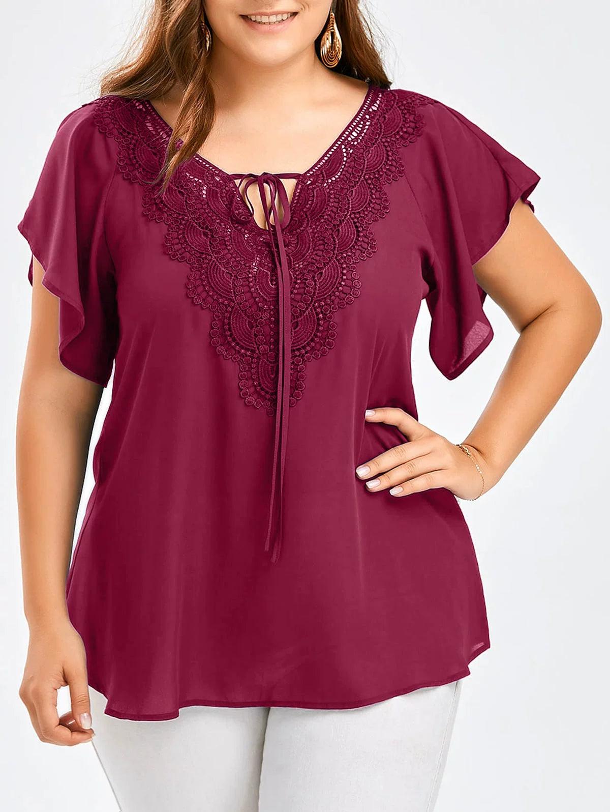 Women's European and American-Style Large-Size Panel Short-Sleeve Lace - L & M Kee, LLC