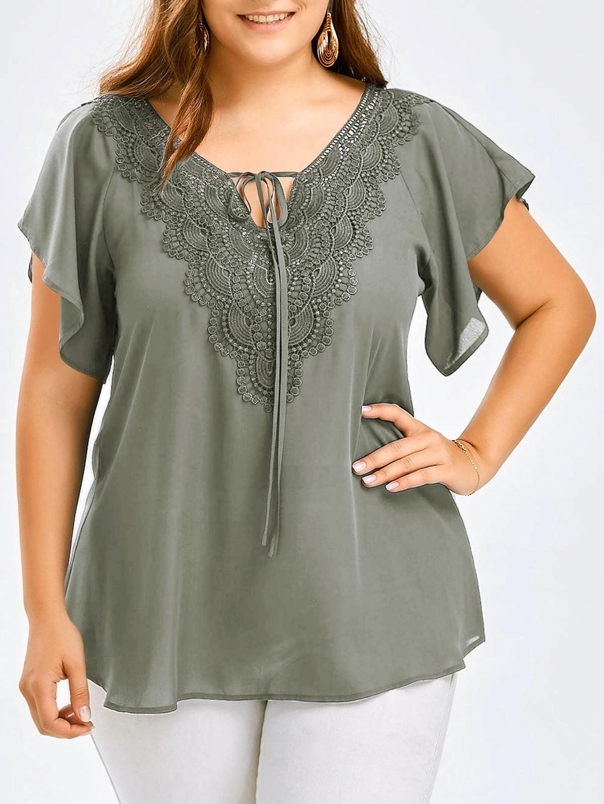 Women's European and American-Style Large-Size Panel Short-Sleeve Lace - L & M Kee, LLC