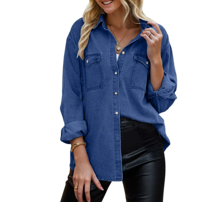 Casual Solid Color Turn Down Sleeveless Single Breasted Western Denim Shirt