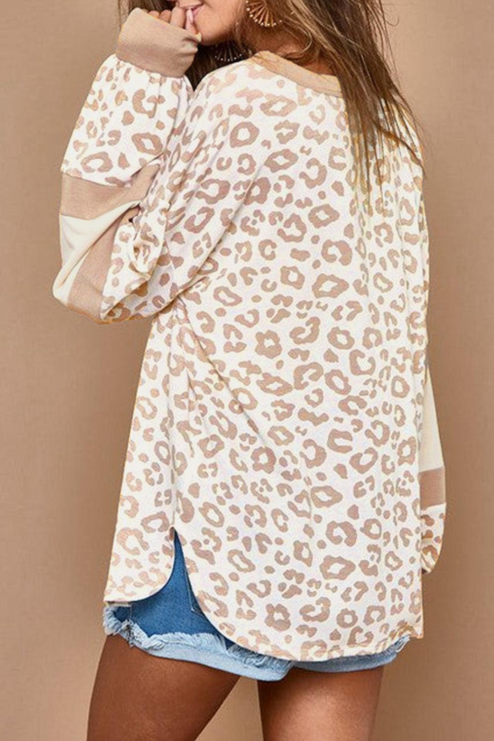 Bright White Leopard Print Round Neck Puff Sleeve Top - L & M Kee, LLC