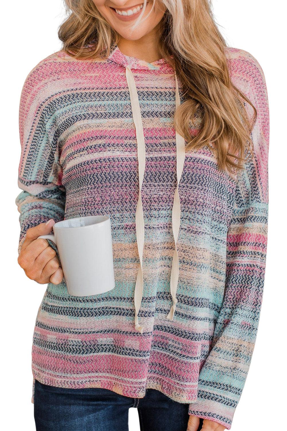 Multicolor Striped Print Cable Knit Drop Shoulder Hoodie - L & M Kee, LLC