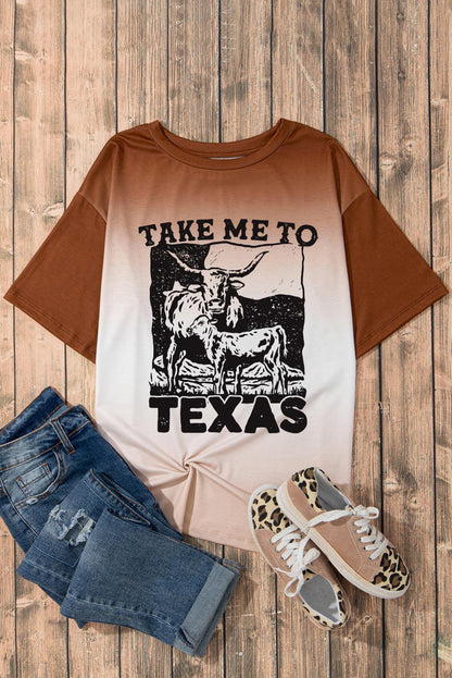 Brown TAKE ME TO TEXAS Cow Gradient Color Graphic Tee - L & M Kee, LLC