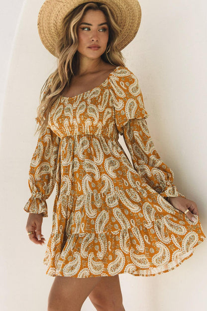 Boho Paisley Long Sleeve Floral Dress - L & M Kee, LLC