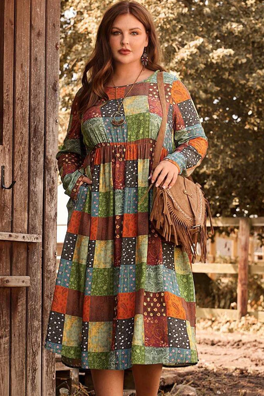 Green Printed Multicolor Western Checkered Plus Size Swing Dress - L & M Kee, LLC