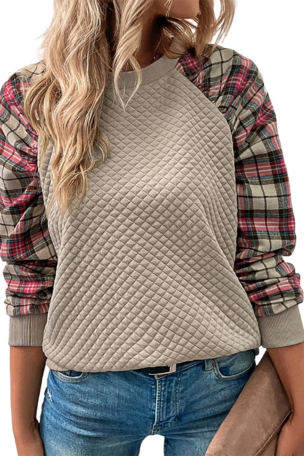 Apricot Plaid Raglan Sleeve Sweatshirt - L & M Kee, LLC