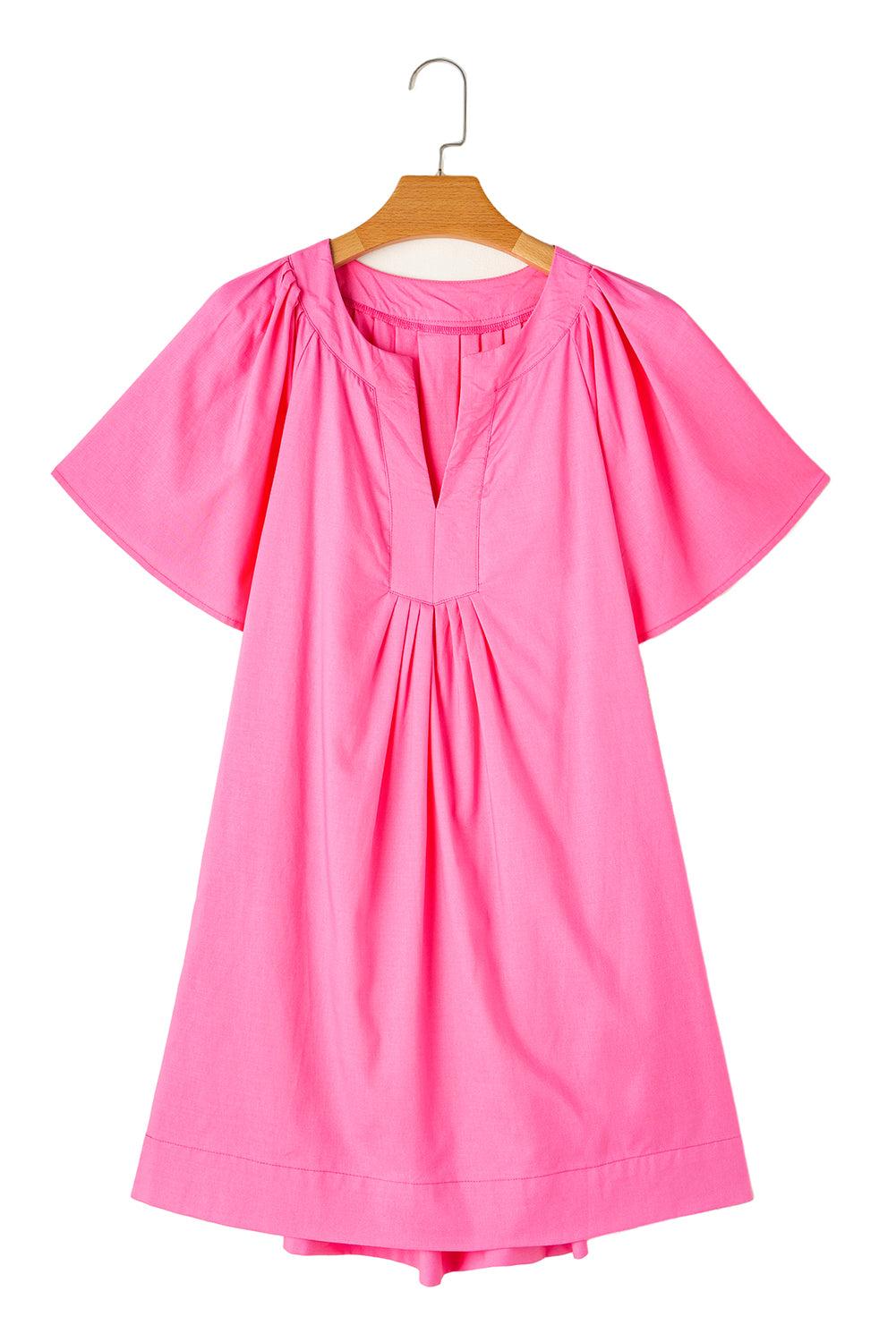 Bonbon Split V Neck Short Flutter Sleeve Pleated Shift Dress - L & M Kee, LLC