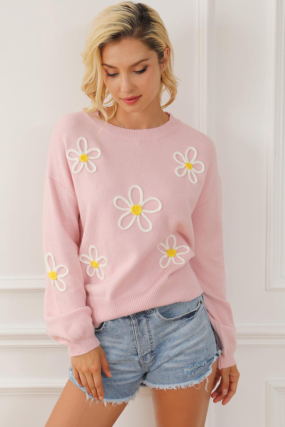 Pink Chenille Daisy Stitching Crew Neck Sweater - L & M Kee, LLC